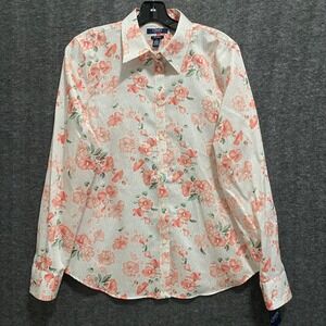 Chaps No Iron Button Up Shirt Womens L Cream Pink Floral Long Sleeve Office NWT